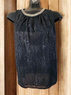 Vtg Y2K Black Sleeveless Metallic Chain-Link Neckline Blouse